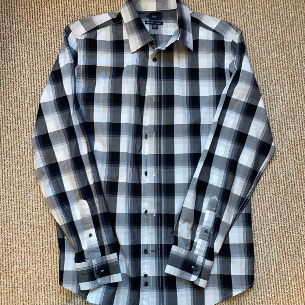 Gap men's medium slim fit collar button down shirt black & white plaid